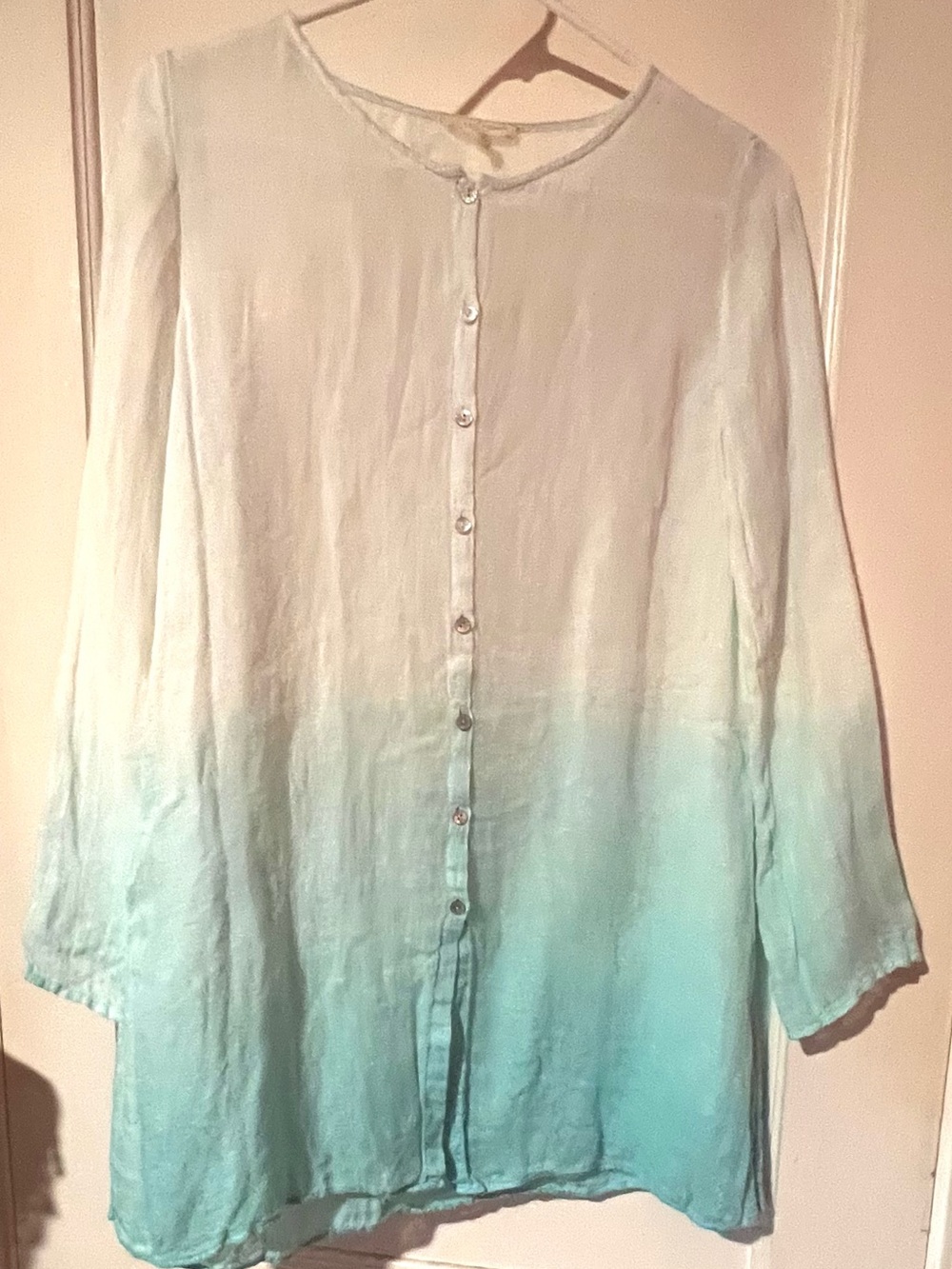 Lightweight Gauze Eileen Fisher Ombre Button-Front Blouse in Turquoise to White
